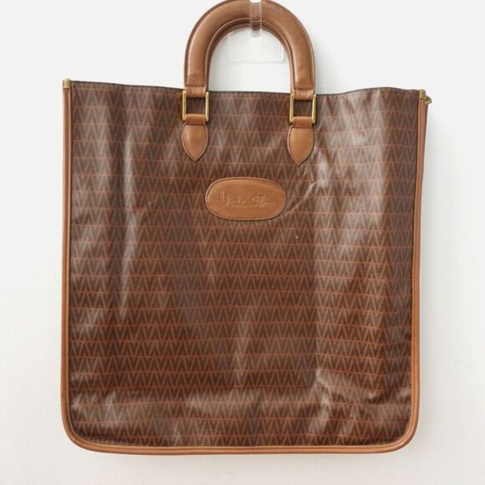 Mario Valentino Womens Brown V Logo PVC Tote Bag Leather Shopper Vintage 70s
